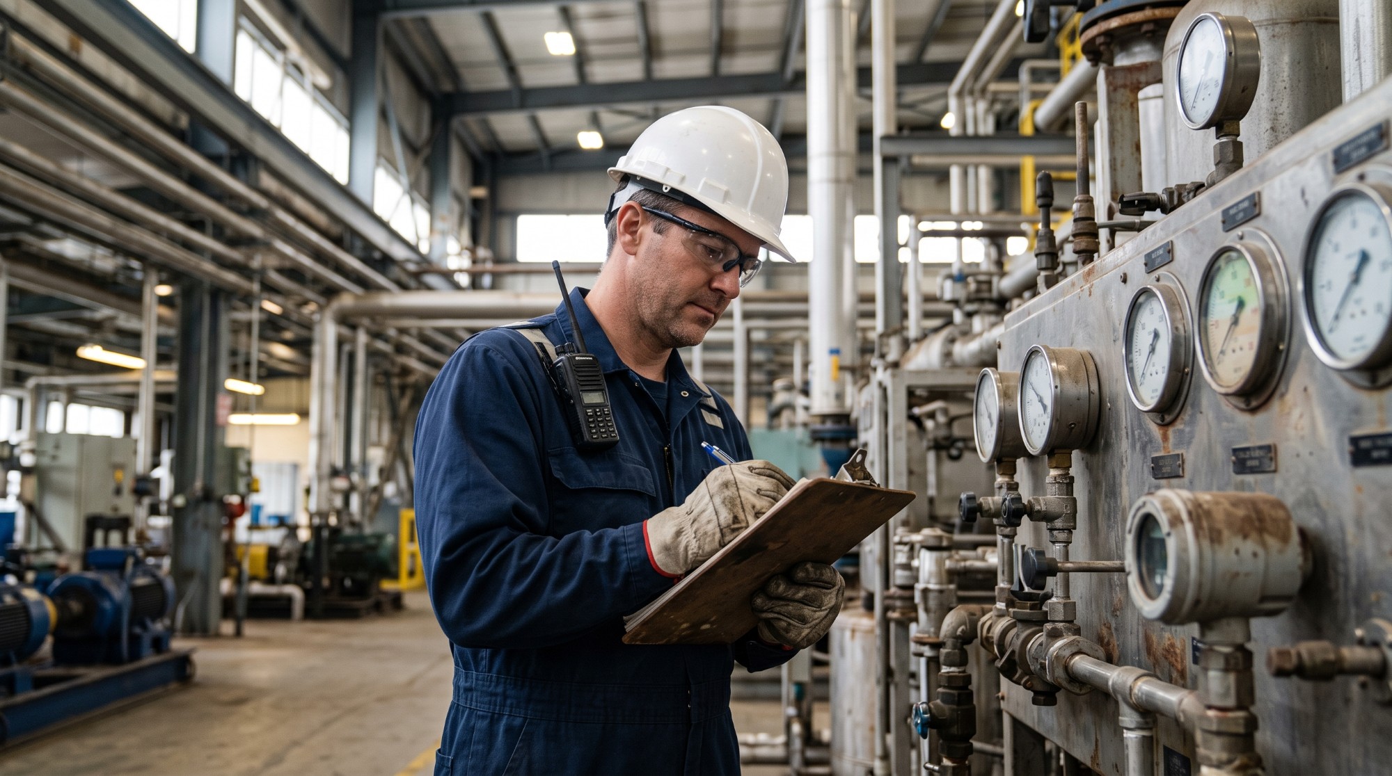A plant operator in a hard hat recording readings from a bank of gauges